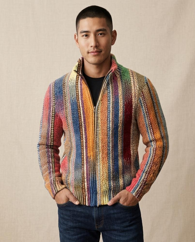 Lands Mode - Lelan | Mehrfarbig Strukturiert Strickjacke Herren