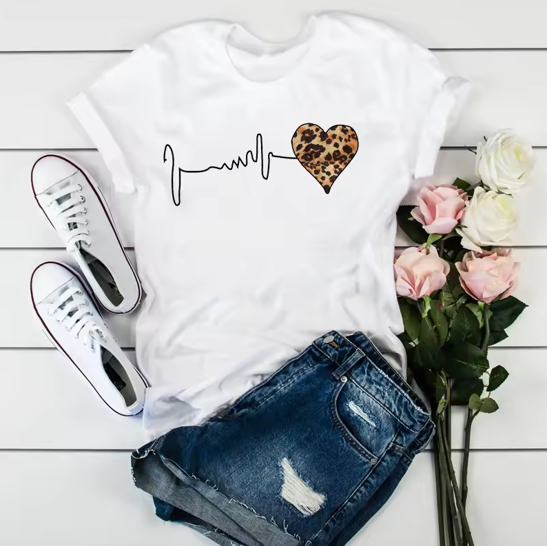 Lands Mode Damen T-Shirt - Kurzarm mit Herzschlag-Grafikprint - Rundhals & Baumwoll-Mix