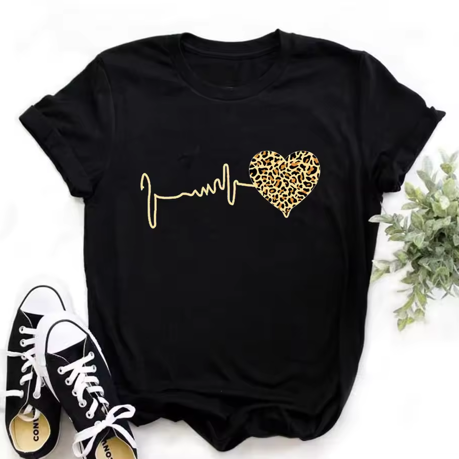 Beanland Damen T-Shirt - Kurzarm mit Herzschlag-Grafikprint - Rundhals & Baumwoll-Mix