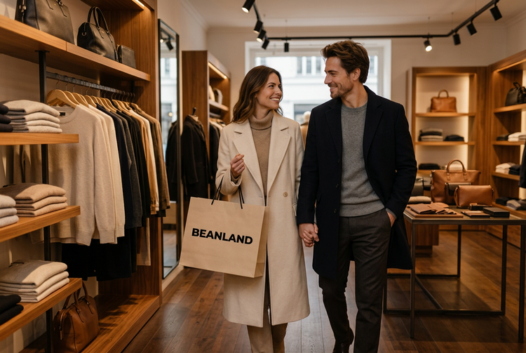 Paar mit Beanland-Einkaufstasche in einer Modeboutique